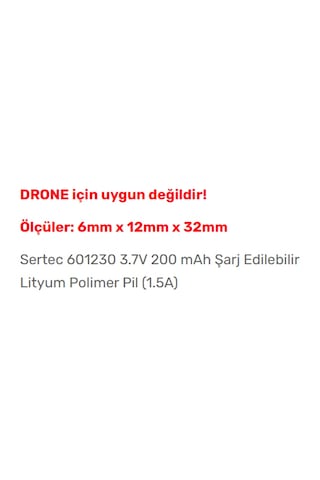 Sertec 601230 3.7V 200 mAh Şarj Edilebilir Lityum Polimer Pil