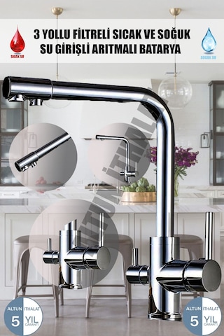 3 Yollu Arıtmalı Sıcak Soğuk Çıkışlı Krom Renk Evye Mutfak Bataryası Arıtmalı Musluk Krom