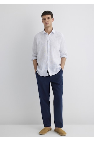 Mavi - Çizgili Keten Gömlek 0211634-90795 Renkli