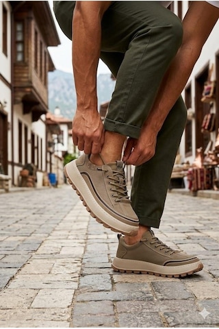 Guja 26y514 Rahat Hafif Taban Tekstil Lastik Bağcıklı Sneaker Erkek Ayakkabı Haki