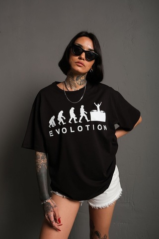 Technomonkey Siyah Oversize Evolution Baskılı Unisex Tişört