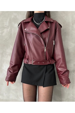 Prifaldi Suni Deri Crop Bıker Ceket Bordo