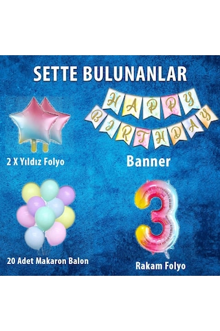 Gökkuşağı Konsepti 3 Yaş Doğum Günü Parti Kutlama Seti Rakam Ve