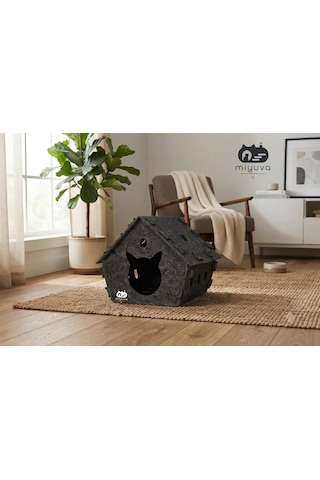 Keçe Kedi Evi Demonte, Yıkanabilir, Taşınabilir Kedi Kulübesi Minnoş Gri