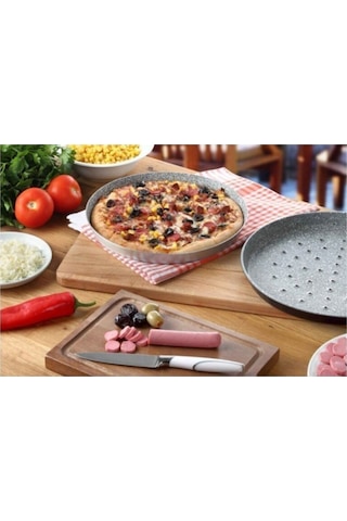Granit Kaplamalı Delikli Pizza Tava 32 Cm Gri