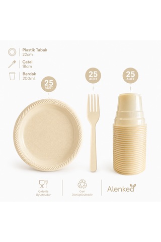 Krem 3 Lü Plastik Tabak Bardak Çatal Seti 25 Kişilik