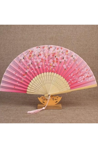 Beluga Yelpaze Bambu Kumaş Serinletici Vintage Pembe Çiçekli Şık Dekorasyon Püsküllü Japon Yelpaze 0389