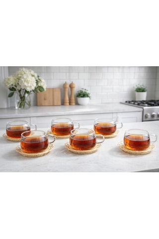 Qerhome 6'lı Borosilikat Cam Bambu El Yapımı Rattan Tabaklı Çay Ve Kahve Fincanı180 Ml Şeffaf