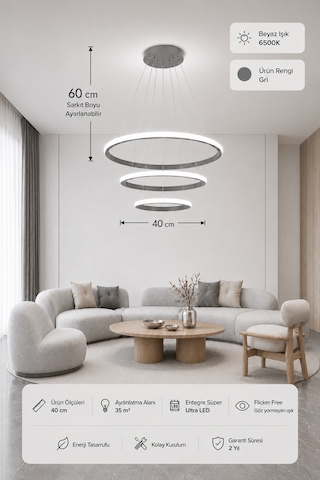 Rizon 3 Lü Led Sarkıt Avize Beyaz Işık Gri