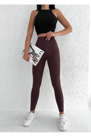 Kadın Içi Polarlı Fitilli Yüksek Bel Toparlayıcı Tayt Kahverengi