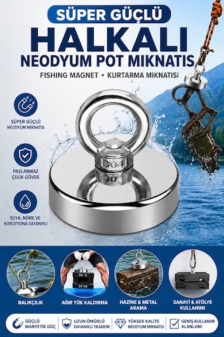 Süper Güçlü Neodyum Pot Mıknatıs 60mm - Halkalı Kurtarma Ve Fishing Magnet