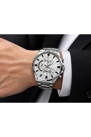 Erkek Gümüş Renk Metal Kordon Analog Kol Saati 24 Saat Takvim Göstergeli Gri Kadran - Gümüş Çok Renkli