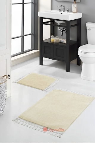 Simirna Ponpon Saçaklı Peluş Yıkanabilir Kaymaz Banyo Paspası 2'li Klozet Takımı Bej Bej