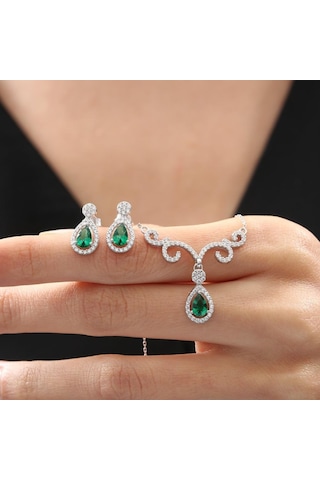 Mia Vento Pırlanta Montür Zarif Damla Sentetik Zümrüt Asalet Mührü Gümüş Mini Set