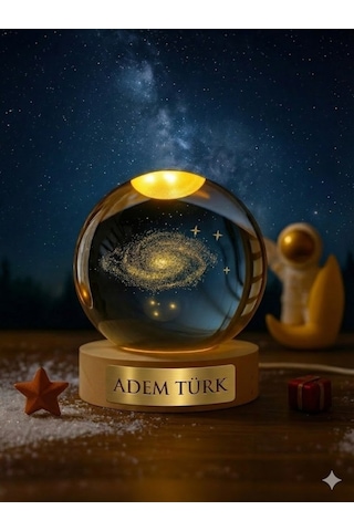 İsime Kişiye Özel Ledli Usb'li Ahşap Standlı Samanyolu Temalı Kristal Küre 3d Oda Masa Gece Lambası Ahşap