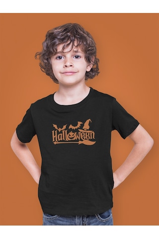 Bumeta Halloween Yarasa Balkabağı Cadı Şapkası Ve Süpürge Turuncu Çocuk Tişört T-shirt Siyah