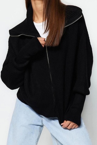 Ersefa Kadın Modern Tarz Oversize Devrik Yaka Regular Triko Hırka Siyah