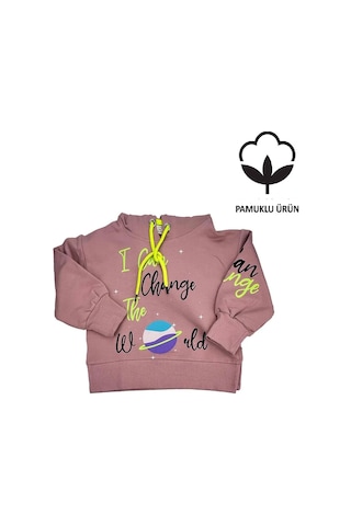 Yazılı Yırtmaçlı Kız Bebek Kapşonlu Sweat Pudra 001