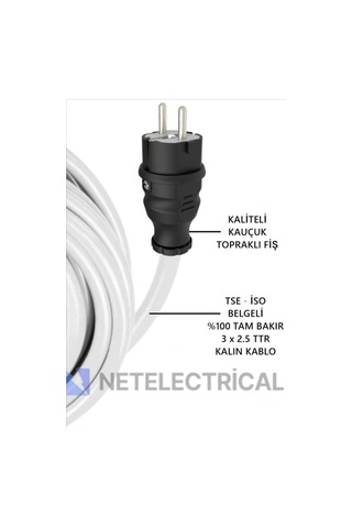 Kauçuk 4'lü 90 Metre Topraklı Grup Priz - 3x2.5 Ttr Tam Bakır Kalın Beyaz Kablo 90 Metre
