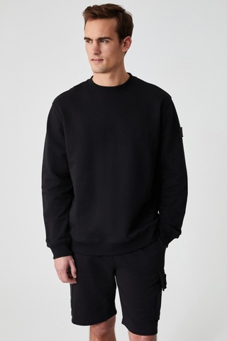 Grımelange OLLIE Erkek Bisiklet Yaka Regular Uzun Kollu Nakış Detaylı Siyah Sweatshirt