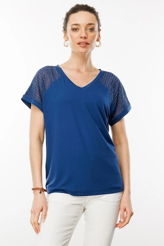Desen Triko Kadın V Yaka Omuzları Taş Baskılı Penye T-shirt 25836 Lacivert Lacivert