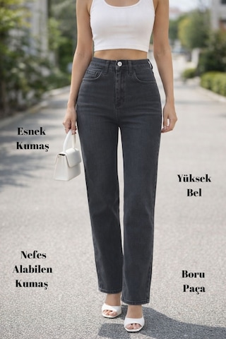 Cedy Denim Kadın Boru Paça Yüksek Bel Regular Fit Likralı Pantolon Gri Cedy Denim Kadın Boru Paça Yüksek Bel Regular Fit Likralı Pantolon Gri