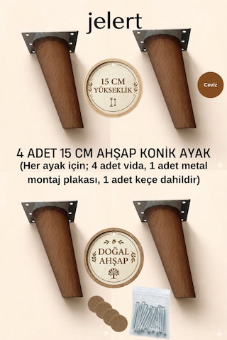 Konik Masif Gürgen Mobilya Ayağı 15 Cm Metal Montaj Aparatlı, Robot Süpürge Uyumlu Koltuk Kanepe Tv Ünitesi Baza Yükseltme Ayağı Ceviz , Dörtlü Ceviz