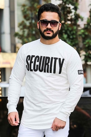 Madmext Beyaz Yırtık Detaylı Baskılı Sweatshirt 4126 Beyaz
