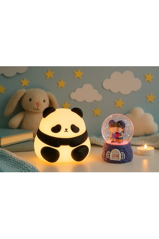 2 Li Sevgiliye Romantik Hediye Seti Slikon Panda Renkli Led Gece Lambası Ve 9 Cm Mor Kar Küresi Set Set