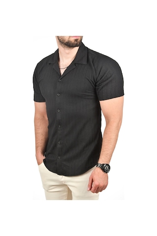 Deepsea Erkek Siyah Slim Fit Pamuklu Apaş Yaka Kısa Kol Penye Gömlek Dokulu Jakar Kumaş Dar Kesim Spor Gömlek 2501216 Siyah