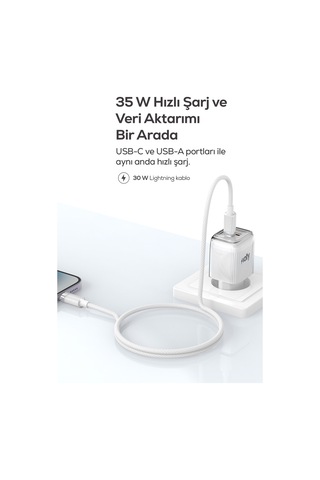 Hızlı Şarj Adaptörü 35w Gan + Lightning Kablo 30w Pd Usb-c&usb-a, Tablet&telefon Beyaz-v0102017