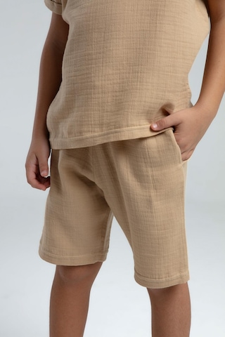 Roly Poly Premium Erkek Çocuk Keten Pamuklu Rahat Kalıp Kısa Kol Bermuda Şortlu Pijama Takım Bej