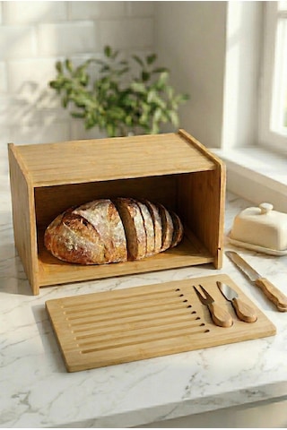 Doğal Bambu Kapaklı Ekmek Kutusu & Doğal Bambu Ekmek Dolabı 23x38x20 Cm Çok Renkli