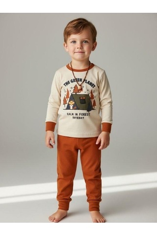 Zekids Erkek Çocuk The Green Planet Yazılı Uzun Kollu Pijama Takımı-16841 Bej