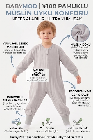Baby Mod Müslin Uyku Tulumu 1.0 Tog Çocuk Yazlık Uyku Tulumu Uyku Gurusu %100pamuk Doğal Kumaş Gri