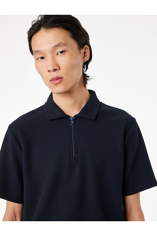 Koton Regular Fit Kısa Kollu Waffle Dokulu Yarım Fermuarlı Polo Yaka Tişört Lacivert 6sam10289mk