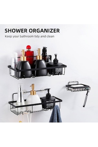 Novahub Yapışkanlı Duş Rafı Kancalı Düzenleyici 3/4 Adet Banyo Duş Sepeti Sabunluk Depolama Siyah