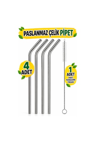 Paslanmaz Çelik Pipet Seti 5 Parça Metal Meşrubat Pipeti Ve Pipet Temizleme Fırçası Gri