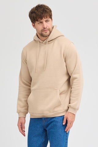 Erkek Bej Standart Fit Normal Kesim Içi Polarlı 3 Iplik Kapüşonlu Pamuklu Sweatshirt Bej