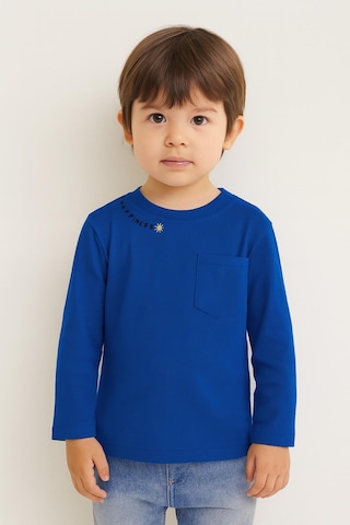 Luess Unisex Çocuk Happiness Nakışlı Cepli Fitilli Kaşkorse Tişört Lacivert
