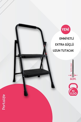 Portalife 2 Basamaklı Uzun Tutacaklı Şık Siyah Çelik Merdiven 100 Cm'ye Kadar Portalife 2 Basamaklı Uzun Tutacaklı Şık Siyah Çelik Merdiven 100 Cm'ye Kadar
