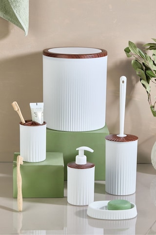 Decorev 6'lı Banyo Seti Metal Standlı Beyaz Ahşap Desenli Tuvalet Wc Kağıtlık Seti Ahşap