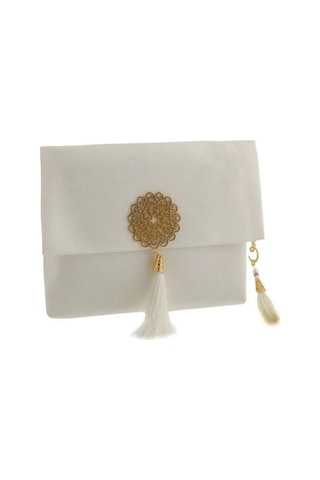 Şantuk Keseli Tafta Seccade Ve İnci Vavlı Tesbih Set , Taşınabilir Namaz Seti Krem