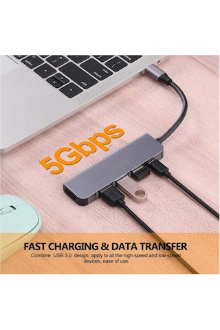 Type-c To Hdmı 4k 30hz Çevirici Kablo 1 Usb 3.0 + 2 Usb 2.0 Çoklayıcı Hub + Pd 87w Adaptör 5 İn 1