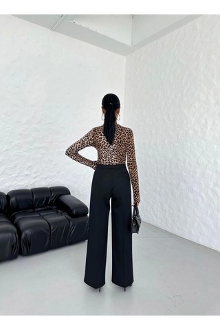 Defymoda 230 Gr Poly Viscose Lycra Metal Düğme Palazzo Pantolon Siyah