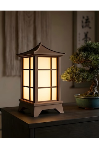 Modern Japon Feneri Masa Lambası - E14 Duy - Dekoratif Abajur - Salon Yatak Odası - 3d Tasarım Kahverengi - Beyaz