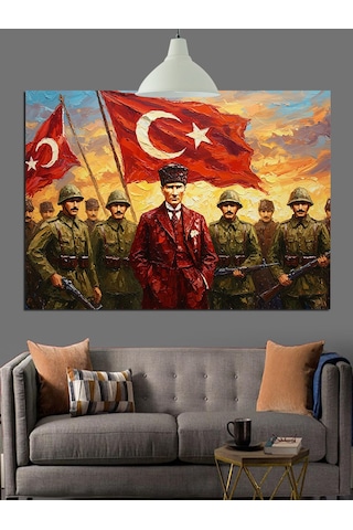 Bayrak Tutan Askerler Ve Atatürk Dekoratif Kanvas - Mdf Ahşap Tablo