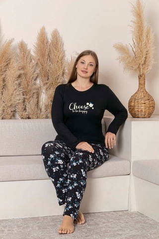 Kadın Bisiklet Yaka Düğmesiz Dökümlü Viskon Mevsimlik Uzun Kol Cepli Pijama Takımı Siyah Desenli
