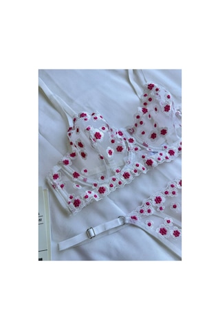Brem Ekru Pembe Çiçekli Balenli Bralet Takım