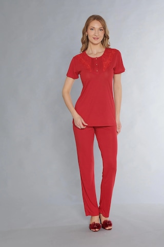 Kısa Kol Klasik Zakkum Dantel Detaylı Pijama Takımı Flz 88-120 Kırmızı